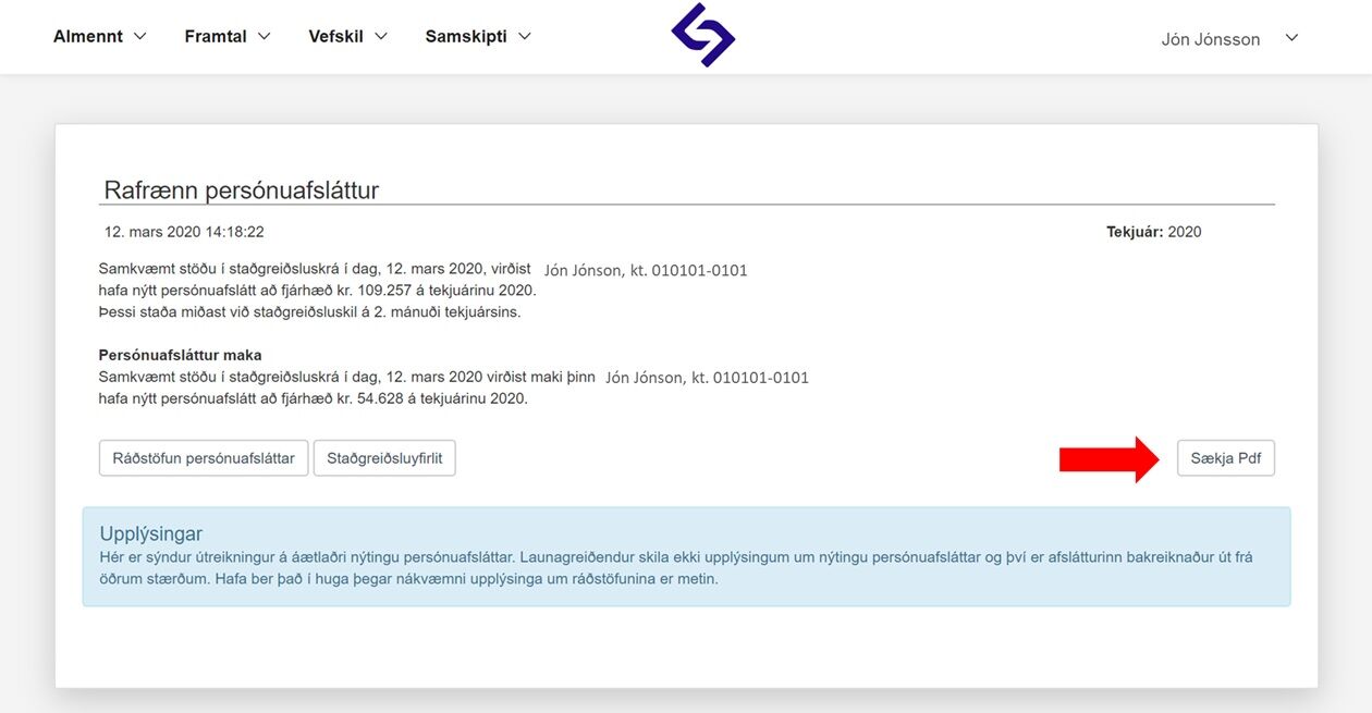 Yfirlit til launagreiðanda má sækja á Pdf formi með því að smella á viðeigandi hnapp.